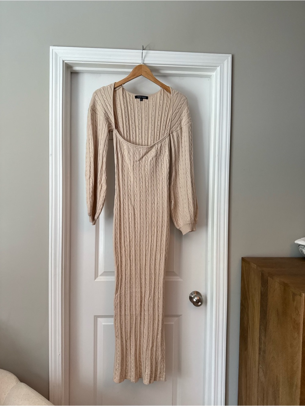 Cable-Knit Long Sleeve Maxi Dress in Beige